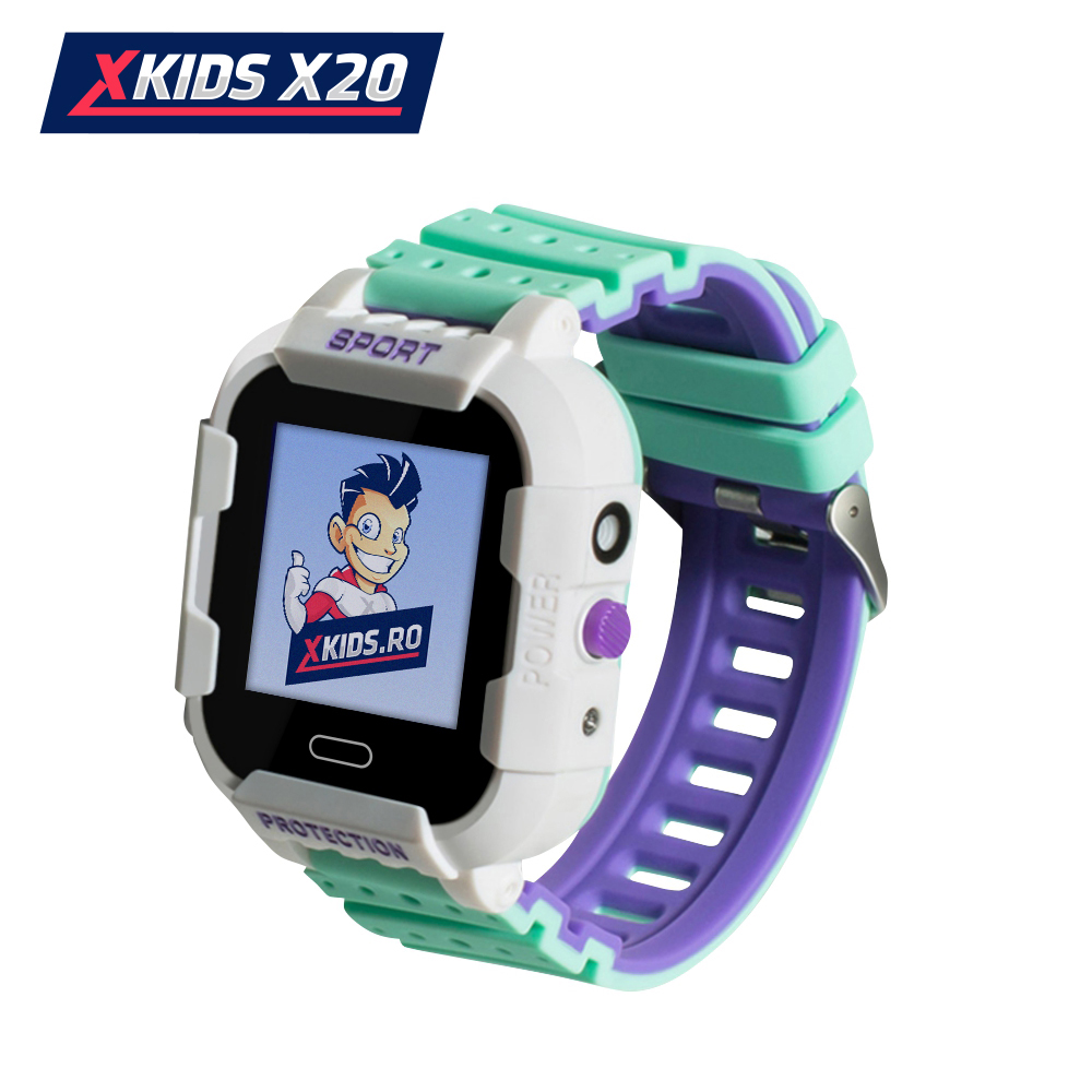 Ceas Smartwatch Pentru Copii Xkids X20 cu Functie Telefon, Localizare GPS, Apel monitorizare, Camera, Pedometru, SOS, IP54, Incarcare magnetica, Alb &#8211; Verde, Cartela SIM Cadou