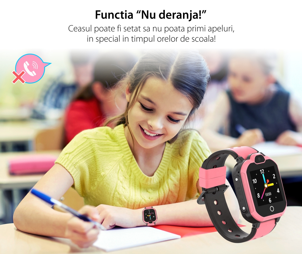 Ceas SmartWatch Pentru Copii Motto LT05, cu Functie Telefon, Localizare GPS, Buton SOS, Apel video, Mesaje vocale, Camera foto, Roz