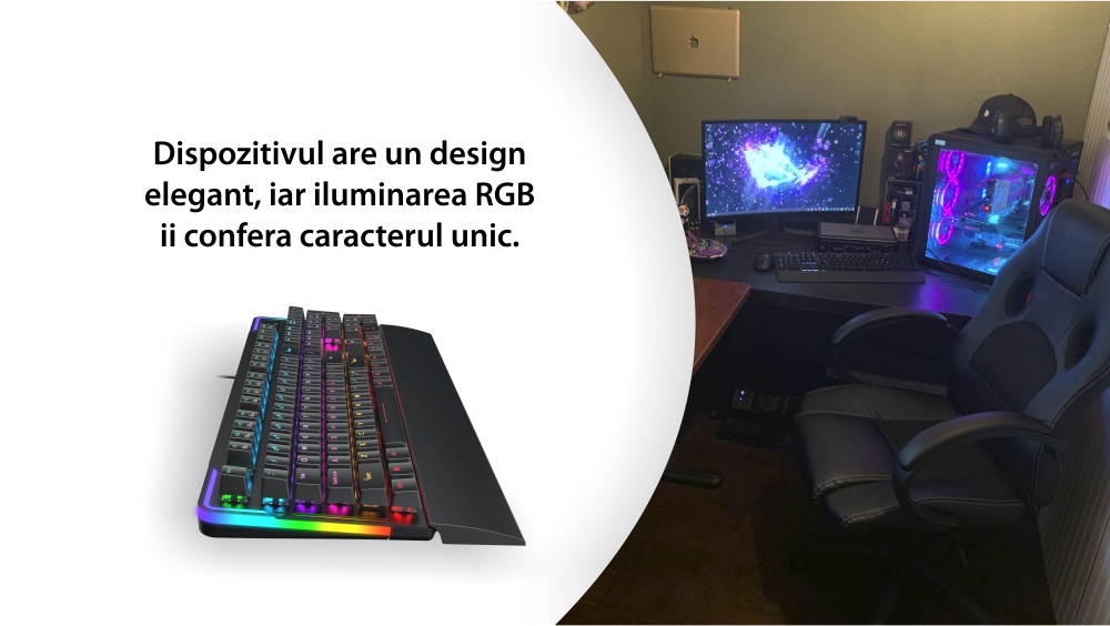 Tastatura Gaming Dareu EK815s, Conexiune USB, Iluminare RGB, Ergonomic, Suport detasabil