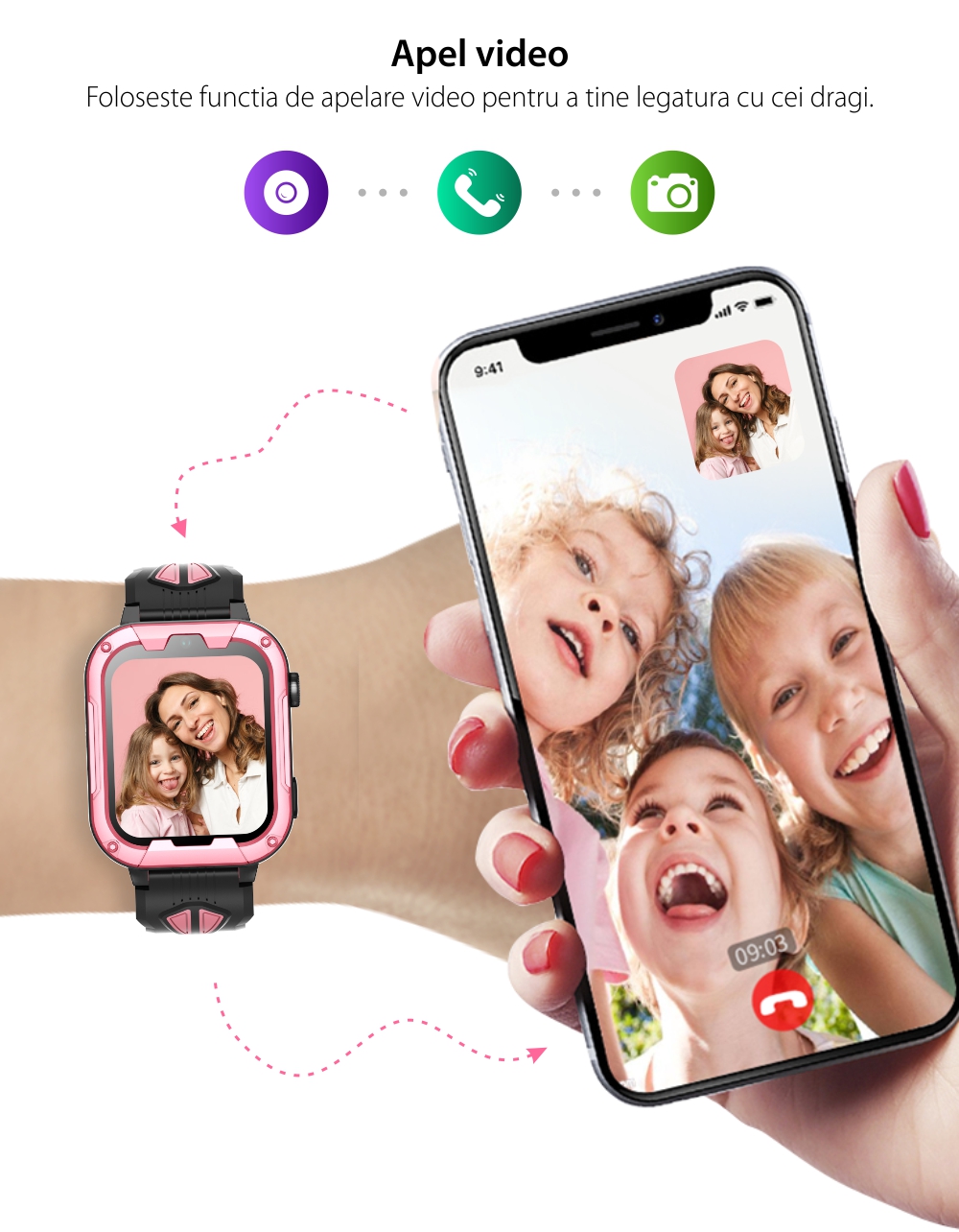 Ceas Smartwatch Pentru Copii Wonlex KT32 cu Functie Telefon, Localizare, Apel video, Camera foto, Magazin aplicatii, Roz