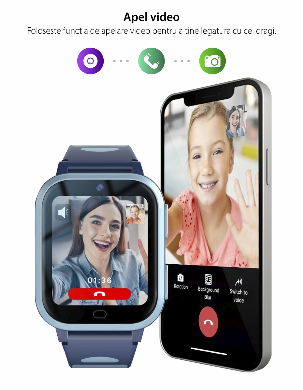 Ceas Smartwatch Pentru Copii Wonlex KT11 Pro cu Functie Telefon, Wi-Fi, Bluetooth, Apel Video, Camera – Roz & Alb, Cartela SIM Cadou