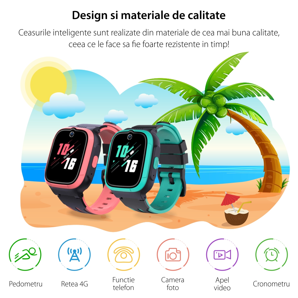 Ceas Smartwatch Pentru Copii LAGENIO K1 cu Functie Telefon, Model 2024, Premium, Autonomie 3 Zile, Conexiune 4G, GPS, Tracker & Control Parental, Cyan