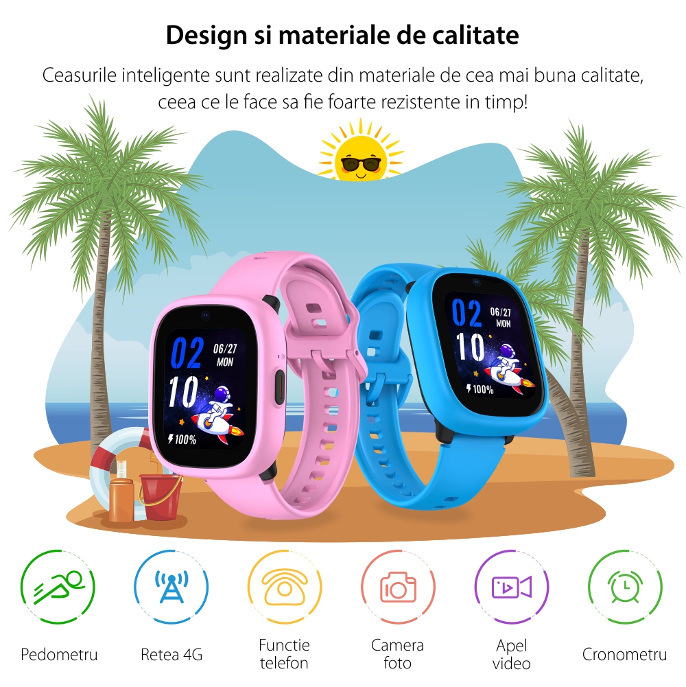 Ceas Smartwatch Pentru Copii LAGENIO K3, Model 2024, Premium cu Functie Telefon, Monitorizare Sanatate, Conexiune 4G, Roz