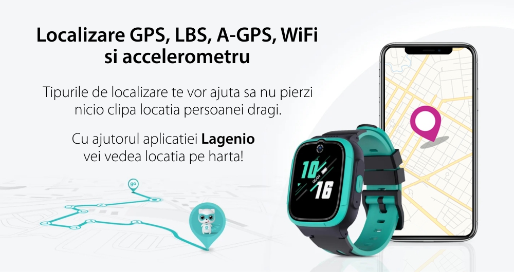 Ceas Smartwatch Pentru Copii LAGENIO K1 cu Functie Telefon, Model 2024, Premium, Autonomie 3 Zile, Conexiune 4G, GPS, Tracker & Control Parental, Cyan