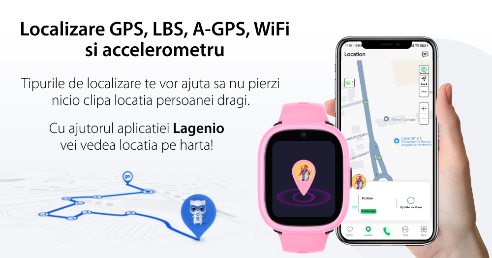 Ceas Smartwatch Pentru Copii LAGENIO K3, Model 2024, Premium cu Functie Telefon, Monitorizare Sanatate, Conexiune 4G, Roz