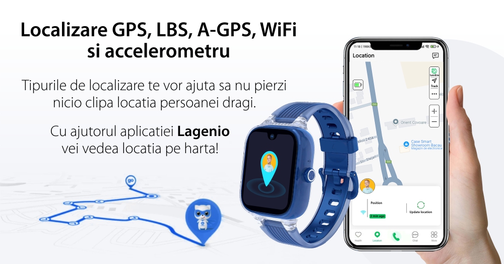 Ceas Smartwatch Pentru Copii LAGENIO K2 cu Functie Telefon, Android 8.1, Conexiune 4G, GPS, Tracker & Control Parental, Albastru